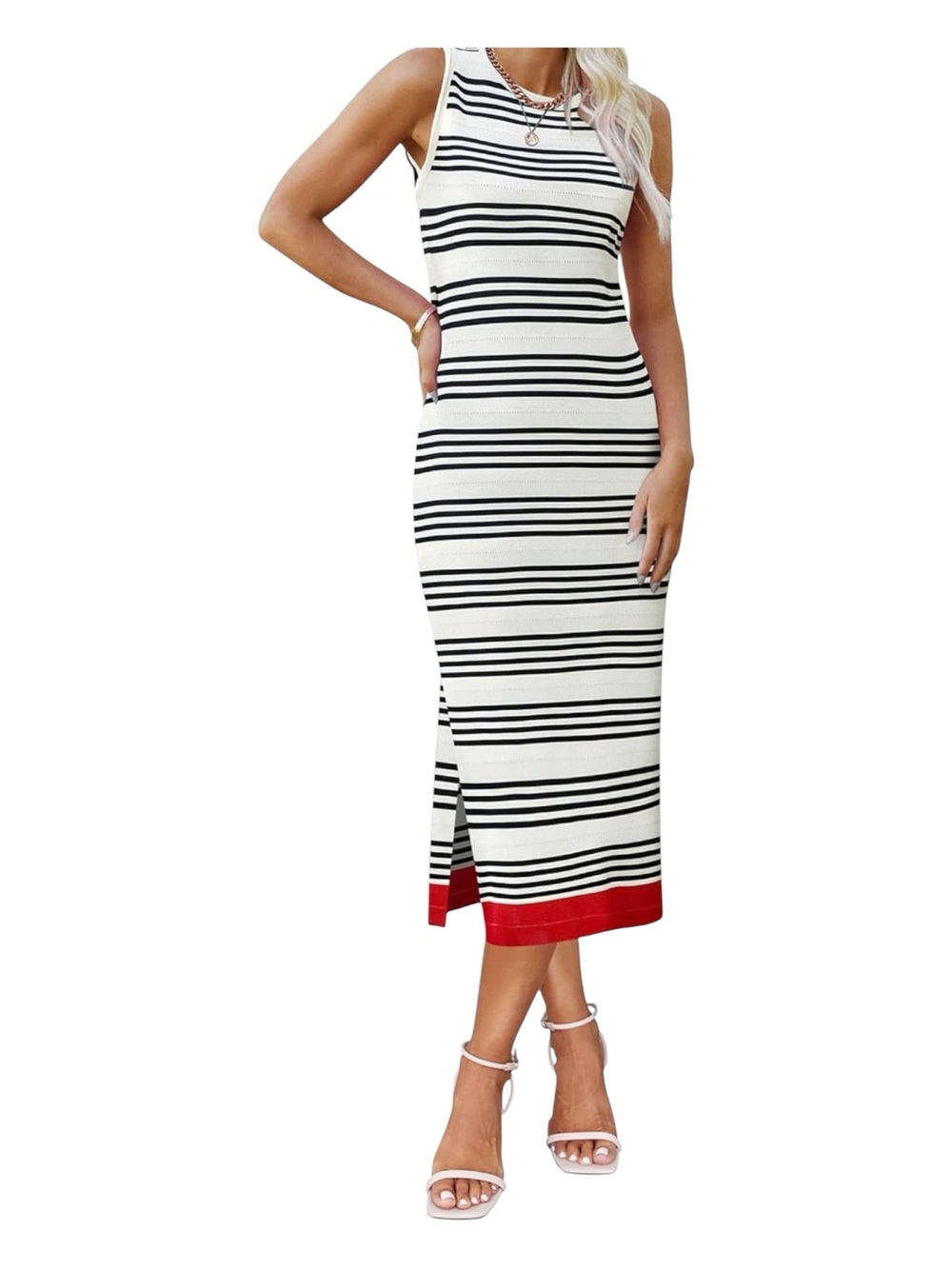 NWOT Black White Striped Bodycon Maxi Dress Red Hem Side Slit | Size XL